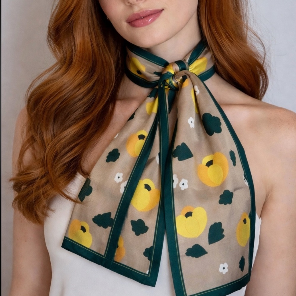 Gorgeous Beige Scarf with Teal Leaf Motifs and Yellow Accents by Di Firenze❤️